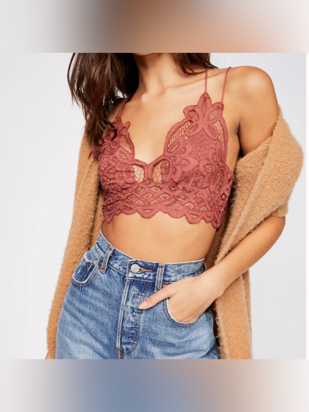 NWT Free People Intimately Lace Bralette Small Rust Floral Crochet Strappy